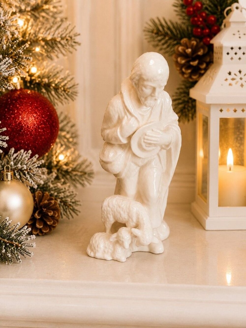 Vintage Goebel White Nativity Standing Shepherd w Sheep W Germany 7.25" Figure